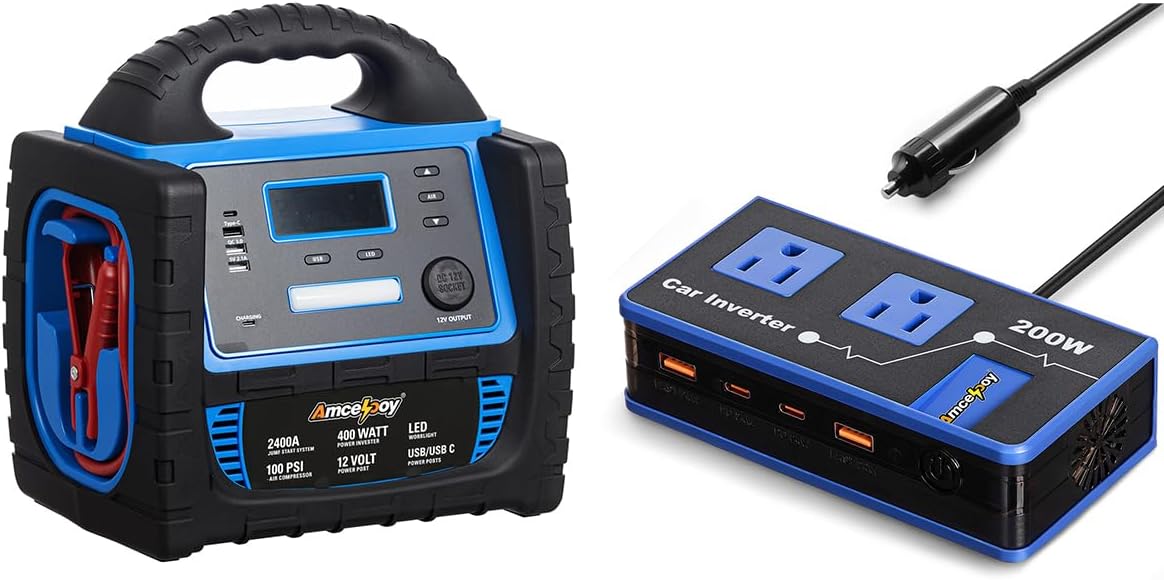 200W Portable Power Inverter and 2400A Car Battery Jump Starter Statio